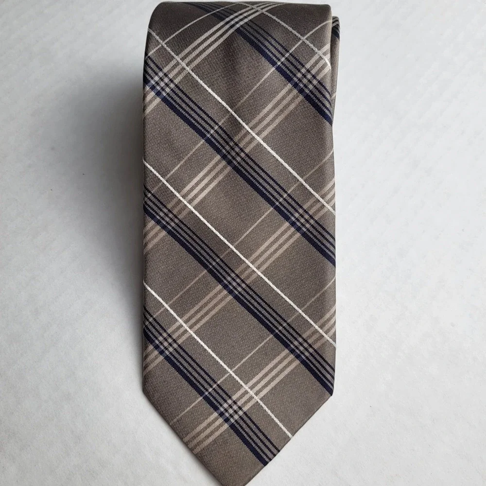 Michael Kors 100% Silk Taupe‎ Blue White Diagonal Plaid Tie 2.5